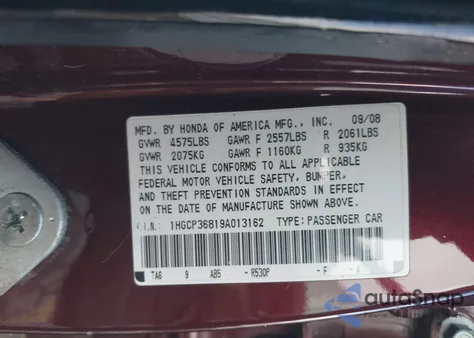 2009 Honda Accord 3.5 Ex-L z USA, uszkodzony, nr VIN 1HGCP36819A013162